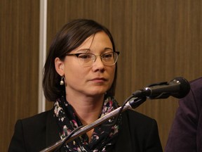 Shannon Phillips, Minister of Environment and Parks, seen here speaking to media at Fort McMurray's Sawridge Inn following a tour of the pipeline spill site at Nexen's Long Lake on in July, announced an update to Alberta's carbon emissions regulations and the creation of an advisory panel to study the province's climate change policy on June 25, 2015. Vincent McDermott/ Fort McMurray Today/Postmedia Network