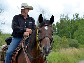 Army veteran Paul Nichols riding his horse Zoe near Shelburne, Ont. He’s on a journey across Canada to spread awareness about veterans’ issues. (Supplied by Communities for Veterans)
