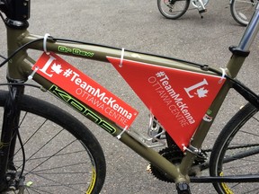Ottawa Centre Liberal candidate Catherine McKenna's campaign is using bike signs to advertise during the federal election campaign because her riding is full of cycling enthusiasts and many residents live in apartments where they can't have lawn signs.Submitted photo, Special to Ottawa Sun