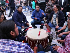 A native drum group plays during Treaty no. 6 Recognition Day at City Hall in Edmonton, Alberta on Friday August 21, 2015. Perry Mah/Edmonton Sun