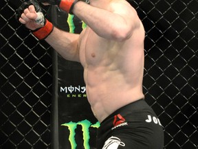 Olivier Aubin-Mercier reacts after his fight against David Michaud during their lightweight bout during UFC 186 in Montreal on Apr. 25, 2015. Aubin-Mercier faces Tony Sims at UFC Fight Night 74: Holloway vs. Oliveira on Sunday night in Saskatoon. (Eric Bolte/USA TODAY Sports)