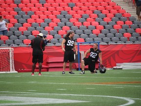 Friday, Aug. 21, 2015 Ottawa -- Ottawa RedBlacks defensive lineman Connor Williams (99) hasn't played a down this season. He's hopeful that he'll be able to recover soon from a back injury and get back on the field with his teammates.TIM BAINES/OTTAWA SUN