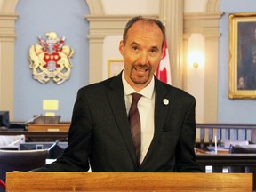 Kingston Mayor Bryan Paterson announces that Portuguese fruit processor Frulact Group will open a plant in the city at a news conference at city hall on Friday. (Steph Crosier/The Whig-Standard)