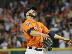 Mike Fiers of the Houston Astros celebrates after throwing a no-hitter in a win over the Los Angeles Dodgers at Minute Maid Park on August 21, 2015 in Houston. (Scott Halleran/Getty Images/AFP)