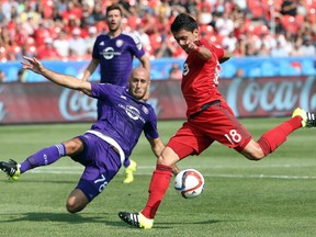Toronto FC midfielder Marky Delgado shoots as Orlando City SC defender Aurelien Collin tries to block the attempt during Saturday's game. (USA TODAY SPORTS)
