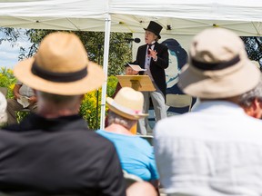 Sir John A Macdonald re-enactor Brian Porter speaks before a small crowd during the Quinte Heritage Festival on Saturday August 22, 2015 in Carrying Place, Ont. Tim Miller/Belleville Intelligencer/Postmedia Network