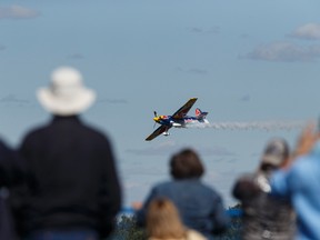 Pete McLeod performs in his Red Bull Edge 540 during the inaugural Edmonton Airshow at Villeneuve Airport in Sturgeon County, Alta., on Saturday August 22, 2015. The show finishes on Aug. 23. Ian Kucerak/Edmonton Sun/Postmedia Network