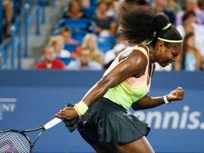 Serena Williams, of the United States, reacts during a semifinal against Elina Svitolina, of Ukraine, at the Western & Southern Open tennis tournament, Saturday, Aug. 22, 2015, in Mason, Ohio. Williams defeated Svitolina 6-4, 6-3. (AP Photo/John Minchillo)