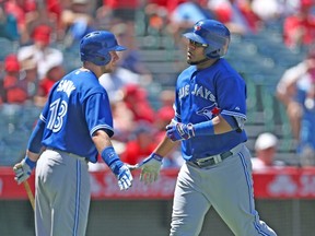 Edwin Encarnacion #10 of the Toronto Blue Jays celebrates with on deck batter Justin Smoak #13 after hitting a solo home run in the fourth inning against the Los Angeles Angels of Anaheim at Angel Stadium of Anaheim on August 23, 2015 in Anaheim, California.   Stephen Dunn/Getty Images/AFP