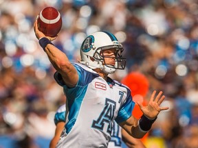 Argonauts quarterback Trevor Harris throws in the first half against the Ottawa RedBlacks on Sunday. (Mark Blinch/The Canadian Press)