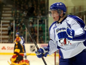 Sudbury Wolves centre Charley Graaskamp celebrates a goal on Belleville Bulls goalie Charlie Graham in Ontario Hockey League play in Belleville, Ont. last season. Luke Hendry/Postmedia Network