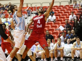 Canadian university star Phil Scrubb, filling in for starting point guard Cory Joseph, goes in for a layup during Sunday's game against Argentina in San Juan. Scrubb played 28 minutes and scored 12 points. (JOSE JIMENEZ TIRADO/FIBAAMERICAS.COM)