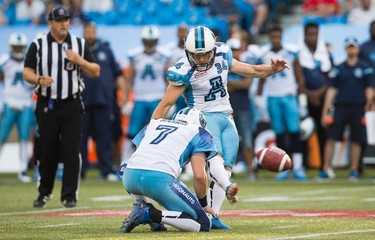 Toronto Argonauts' kicker Swayze Waters kicks a field goal against the Ottawa RedBlacks during the second half of CFL football action in Toronto on Sunday, August 23, 2015. THE CANADIAN PRESS/Mark Blinch