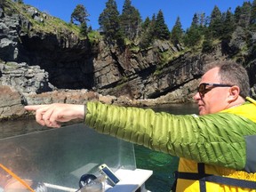 O'Brien's Whale and Bird Tours guide Joe O'Brien points out sea caves, ancient rock formations and natural waterfalls among others during a small boat coastal tour out of Bay Bulls, N.L., south of St. John's, on Sat. Aug. 15, 2015. THE CANADIAN PRESS/Sue Bailey