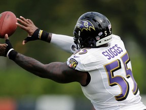 Baltimore Ravens' Terrell Suggs catches a pass. (AP Photo/Matt Rourke)