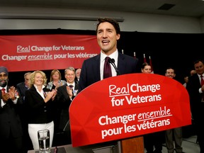 Justin Trudeau said his party is pledging hundreds of millions of dollars in support for Canada's military veterans and their families during a campaign stop in Belleville, Ont., on Aug. 24, 2015. (Emily Mountney-Lessard/Belleville Intelligencer/Postmedia Network)