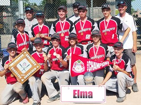 Back row (left): Coaches Darwin Erb, Jeff Smith and Kevin Quipp. Middle row (left): Holden Smith, Seth Kirkham, Calvin McCorkindale, Sammi Roes, Tyler Leung. Front row (left): Cole Brubacher, Colton Quipp, Derek Erb, Jaxon Gilbert, Dana Smith, Jack Dixon. SUBMITTED