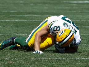 Green Bay Packers wide receiver Jordy Nelson lays on the field after a pass reception against Pittsburgh Steelers during the first quarter at Heinz Field. (Charles LeClaire-USA TODAY Sports)