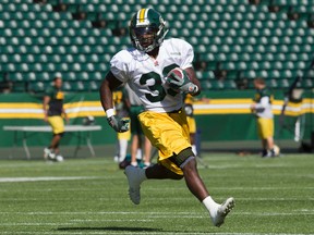 Shakir Bell, shown here in practice earlier this season, says his job is 'to secure the ball, then carry the ball.' (David Bloom, Edmonton Sun)