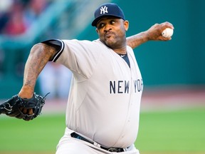 New York Yankees starter CC Sabathia pitches during the first inning against the Cleveland Indians at Progressive Field on August 12, 2015 in Cleveland. (Jason Miller/Getty Images/AFP)