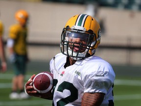 Kendial Lawrence, shown here at practice in Commonwealth Stadium on Tuesday, says his college and current teammate James Franklin is used to playing in front of big crowds. (Perry Mah, Edmonton Sun)