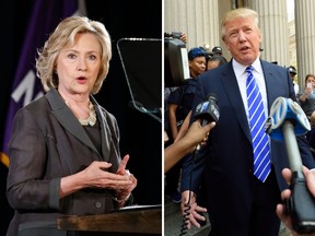 This combination of file photo shows Democratic presidential candidate Hillary Clinton(R) speaking at New York University in New York on July 24, 2015 and US Republican presidential candidate Donald Trump exiting the New York Supreme Court after morning jury duty on August 17, 2015 in New York. (AFP PHOTO / KENA BETANCUR(Right) / DON EMMERT(Left))