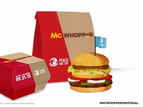 This photo provided by Burger King shows a “McWhopper.” In full-page newspaper ads Wednesday, Aug. 26, 2015, Burger King said it’s calling for a truce with McDonald’s so that they can create a mashup of their most famous burgers, the Big Mac and the Whopper.  Burger King is tying the publicity stunt to a nonprofit called Peace One Day, which says it promotes Peace Day. (Burger King via AP)