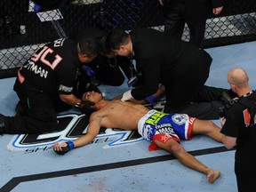 Featherweight Charles Oliveira had to be carried off on a stretcher during the main event at UFC Fight Night 74 in Saskatoon on Sunday, Aug. 23, 2015. (Dominic Chan/WENN.com/Files)