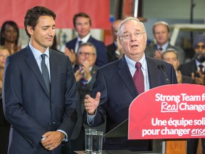 Former Canadian Prime Minister Paul Martin joins Federal Liberal leader Justin Trudeau during a campaign stop at InspecTech in Scarborough on Tuesday, Aug. 25, 2015. (ERNEST DOROSZUK/Toronto Sun)