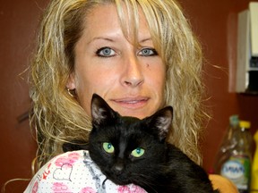 SARAH HYATT/THE INTELLIGENCER
Kennel attendant Amy Collins, and Chandler, a special needs cat at the Quinte Humane Society, in Belleville. Chandler has been at the shelter since October 2014 and needs a home.