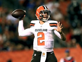 Browns quarterback Johnny Manziel throws a pass during the fourth quarter of a preseason game against the Bills at FirstEnergy Stadium in Cleveland on Aug 20, 2015. (Andrew Weber/USA TODAY Sports)