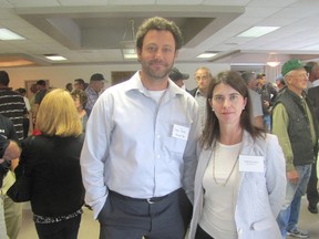 Adam Rosso, who is in charge of development, and Patricia Lemaire, director of public affairs and communication, were among the employees of Boralex who were on hand to answer questions about a wind farm project proposed for north of Wallaceburg. Photo taken in Wallaceburg, Ontario on Tuesday, Aug. 25, 2015. (DON ROBINET/POSTMEDIA NETWORK)