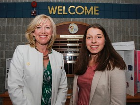 The new Limestone District School Board director of education, Debra Rantz, left, and student trustee, Elizabeth McAuley, attend their first local school board meeting in Kingston on Wednesday. (Julia McKay/The Whig-Standard)