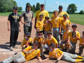 Submitted photo: Pictured sporting their gold medals after winning the River League Mosquito title are: Lying down, Logan Lester and Joey Taylor. Front row kneeling, Drew Bunda, Kelly Johnston, Marcus Boswell, Cameron Hazzard, Logan Klompstra, Ivan Dubois. Second Row, Jack Murphy, Braydon Bowles, Ethan Arnold, Chase Belland. Back row coaches, Adam Taylor, Nathan Hazzard, Bob Murphy, Ryan Klompstra. Absent was Pierce Brown.