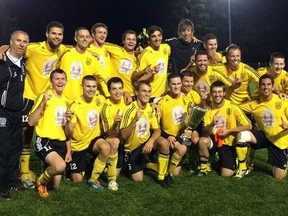 The Wallaceburg Sting won their first Western Ontario Soccer League First Cup title since 1999 by beating the Simcoe Thunder 5-2 at the Hellenic Community Centre in London on Wednesday night.