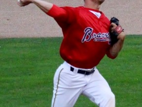 Sarnia Braves pitcher Mike Damchuk delivers a pitch against the Strathroy Royals Wednesday night at Errol Russell Park. The Braves hosted Game 2 of the Southwestern Senior Baseball League championship series. Terry Bridge/Sarnia Observer/Postmedia Network