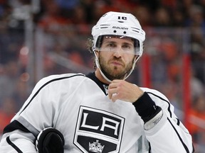 This is an Oct. 28, 2014, file photo showing Los Angeles Kings' Mike Richards during the first period of an NHL hockey game against the Philadelphia Flyers in Philadelphia.  (AP Photo/Chris Szagola, File)