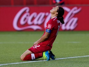 Team Canada's Christine Sinclair reacts to a missed shot during second half FIFA Women's World Cup action against New Zealand at Commonwealth Stadium in Edmonton on June 11, 2015. (David Bloom/Edmonton Sun/Postmedia Network)