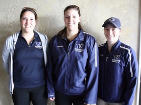 Laurentian University women's hockey team players Jessica Staats (left) Julie Hebert and Elissa Bertuzzi pose for a photo Thursday at a press conference to launch the Voyageurs Hockey Golf Classic at Idylwylde Golf and Country Club. Ben Leeson/The Sudbury Star/Postmedia Network