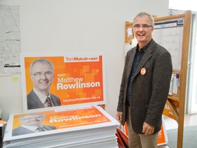 London West NDP candidate Matthew Rowlinson at his campaign office Thursday. (DEREK RUTTAN, The London Free Press)