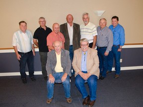The Municipal District of Pincher Creek and the Town of Pincher Creek announced a new joint emergency management organization after two days of "intense" mediation on Thursday, Aug. 27, 2015. L-R back row: councillors Terry Yagos, Lorne Jackson, Garry Marchuk, Doug Thornton, James Litkowski, Fred Schoening, and Mark Barber. Front L-R: Town Mayor Don Anderberg, MD Reeve Brian Hammond.