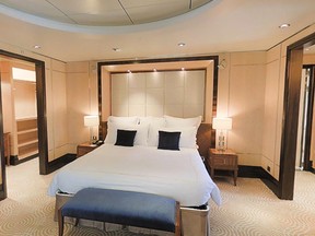 This image made using a 3-D camera from Matterport shows the bedroom of the 2,249 square foot Grand Duplex suite aboard Cunard’s Queen Mary 2, in New York. The starting price for the duplex suite for a 7-day trans-Atlantic crossing is $20,000 per person. (AP Photo)