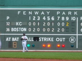 Jackie Bradley Jr. of the Boston Red Sox looks in the direction of the scoreboard against the Kansas City Royals at Fenway Park in Boston on August 23, 2015. (Rich Gagnon/Getty Images/AFP)