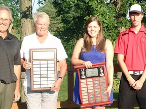 Huron Oaks Golf Club handed out hardware following its annual club championship weekend. From left are Huron Oaks head professional Cameron Rankin, senior women's champion Penny Cousins, women's champion Miranda David, junior champion Brett McGugan and men's champion Adam Marshall. 
Handout/Sarnia Observer/Postmedia Network