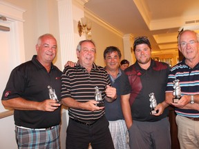 The winning foursome with a score of 63 was earned by the DFP team consisting of Kevin Holmes, Fred Petrich, Jordan Bradbury and Tom Scanlon, pictured here with DRHBA president Victor Fiume (centre).