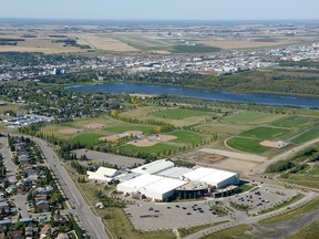 An aerial shot of the Leduc Recreation Centre, William F. Lede Park and Telford Lake in the background shows what Leduc has to keep residents busy.