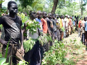Central African Republic Christian militias Anti-Balaka young fighters gather on May 15, 2015 near Bambari during a military training session. The UN agency estimates that between 6,000 and 10,000 children are held by armed factions in the impoverished country long riven by coups, army mutinies and insurgency.On Friday, 163 enslaved children were released. AFP Photo/Pacome Pabandji