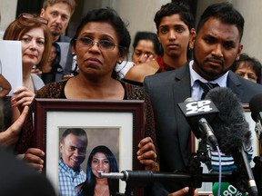 Antonette Wijeratne, left, speaks to the media outside court in June 2015 after  Sebastian Prosa, now 22, was found guilty of 12 counts related to drunk driving deaths of her husband Jayantha Wijeratne, 49, and 16-year-old Eleesha on Hw. 427 on Aug. 5 2012 .( Jack Boland/Toronto Sun Files)