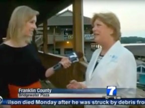 This TV video frame grab courtesy of WDBJ7-TV in Roanoke, Virginia shows Alison Parker (L) during an interview with Vicki Gardner, the local chamber of commerce director, at a water park before she was shot and killed. Gardner's husband Tim said in a telephone interview from the hospital where she is recovering that she did not see the shooter approach the group. AFP PHOTO/WDBJ7/HANDOUT