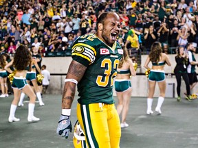 Kendial Lawrence celebrates his touchdown against the Toronto Argonauts on Friday. (Codie McLachlan, Edmonton Sun)